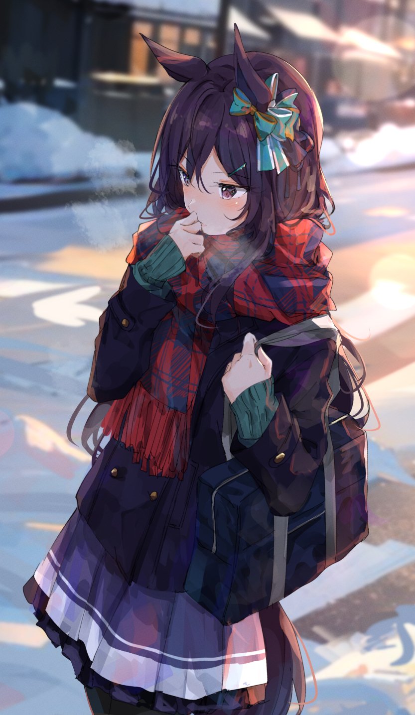 1girl animal_ears bag blurry blurry_background blush breath brown_hair buttons closed_mouth coat double-breasted green_sweater hair_ornament hairclip hand_up highres horse_ears horse_girl horse_tail lens_flare long_hair long_sleeves mejiro_dober_(umamusume) ninjin_nouka outdoors purple_eyes purple_skirt scarf school_bag skirt sleeves_past_fingers sleeves_past_wrists snow solo standing sweater tail umamusume