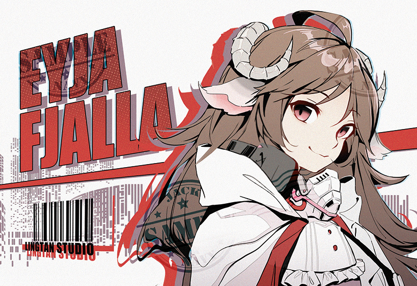 1girl animal_ears arknights barcode brown_hair cape character_name closed_mouth ear_protection eyjafjalla_(arknights) frilled_shirt_collar frills horns jacknavy long_hair looking_at_viewer purple_eyes sheep_ears sheep_girl sheep_horns smile solo upper_body white_cape