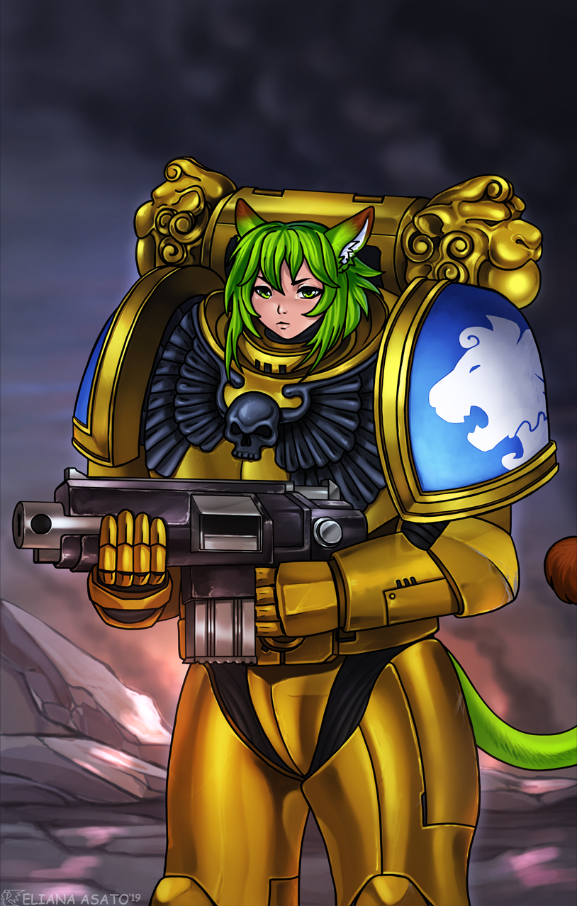 animal_humanoid armor bangs baylee big_gun bolter brown_eartips cat_humanoid cat_tail cloud detailed_background domestic_cat eliana-asato felid felid_humanoid feline feline_humanoid felinid felis female fur gold_(metal) gold_armor green_body green_eyes green_fur green_hair gun hair hi_res holding_gun holding_object holding_weapon humanoid humanoid_face looking_at_viewer machine mammal mammal_humanoid outside power_armor ranged_weapon serious_face sky solo space_marine standing tail tan_body tan_fur warhammer_(franchise) weapon