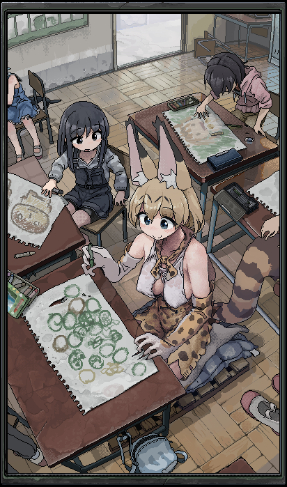 3girls 3others animal_ears bangs bare_shoulders black_hair blonde_hair border breasts cetacean_tail chair child classroom claw_mark commentary_request common_dolphin_(kemono_friends) contemporary covered_nipples desk drawing dress elbow_gloves extra_ears female_child fish_tail fisheye from_above gloves height_difference high-waist_skirt hood hood_down hoodie i_love_serval indoors kemono_friends long_hair looking_at_another looking_at_object medium_breasts medium_hair multiple_girls multiple_others paper print_gloves print_skirt school school_chair school_desk seiza serval_(kemono_friends) serval_print shirt sideboob sitting skirt sleeveless sleeveless_shirt smile tail