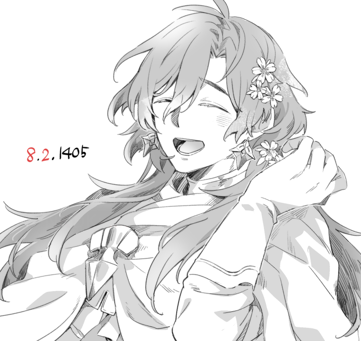 1boy ^_^ ^o^ antenna_hair cloak closed_eyes constantine_xi_(fate) dated earrings facing_viewer fate/grand_order fate_(series) flower gloves greyscale hair_between_eyes hair_flower hair_ornament hand_up happy jewelry light_blush long_hair male_focus monochrome nukaduke000 simple_background smile solo spot_color teeth upper_body white_background