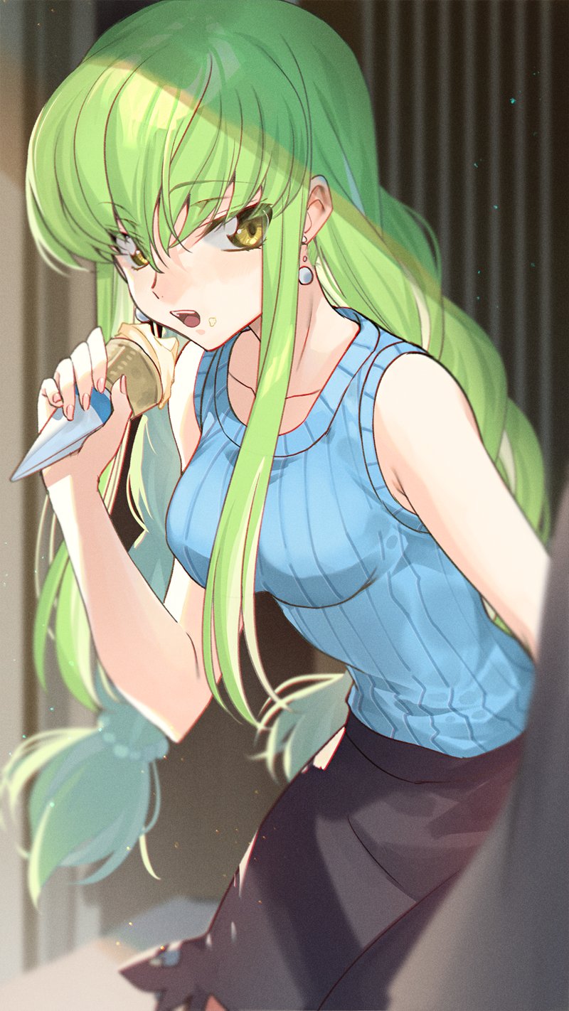 1girl bangs blue_sweater breasts c.c. code_geass creayus earrings eating food green_hair highres ice_cream jewelry long_braid long_hair medium_breasts pearl_earrings skirt sleeveless solo sweater very_long_hair yellow_eyes