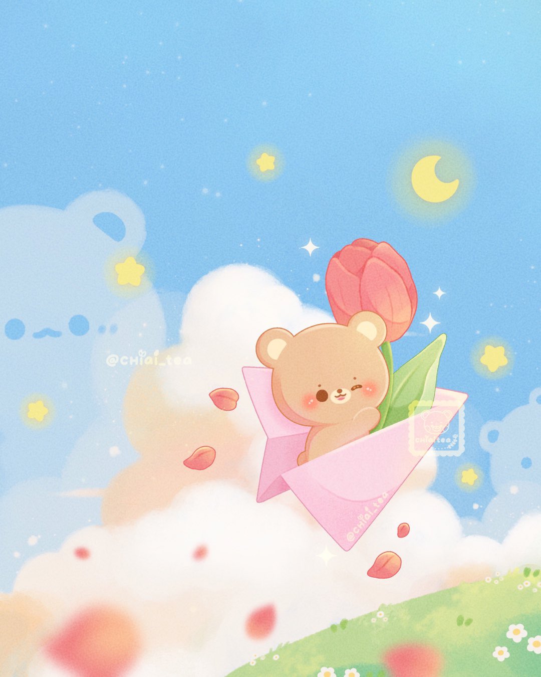 :3 artist_name bear blush cloud commentary crescent_moon english_commentary flower grass highres looking_at_viewer moon no_humans one_eye_closed open_mouth original paper_airplane petals red_flower riding shirley_(chiai_tea) sky smile solid_circle_eyes sparkle star_(sky) star_(symbol) starry_sky tulip twitter_username watermark white_flower