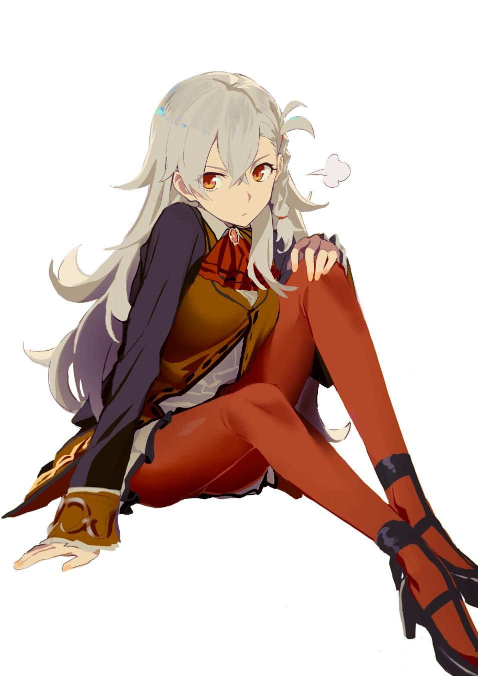 1girl antenna_hair ascot bangs black_footwear braid closed_mouth commentary_request fate/grand_order fate_(series) grey_hair hair_between_eyes highres long_hair long_sleeves looking_at_viewer ningen_(ningen96) olga_marie_animusphere orange_eyes orange_pantyhose pantyhose red_ascot simple_background single_braid sitting solo white_background