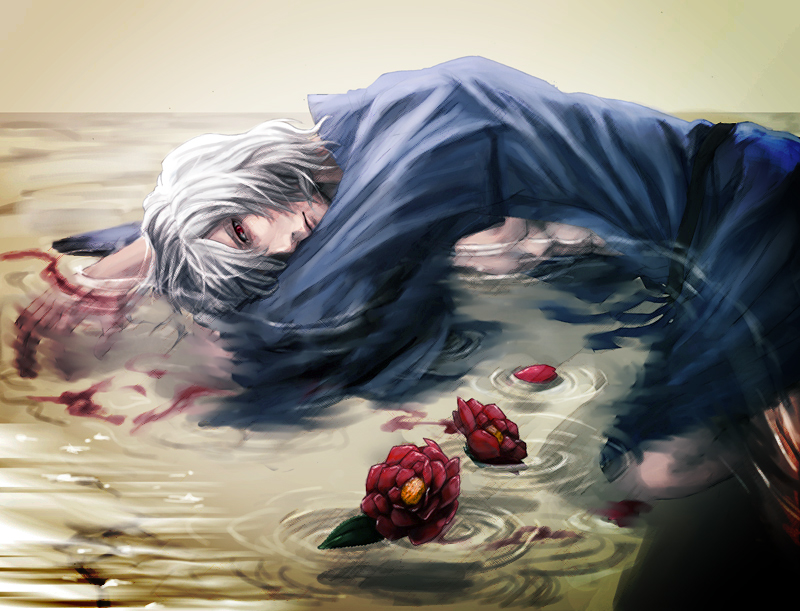 blood camellia flower japanese_clothes kuroi lying_on_water male_focus open_clothes red_eyes solo toono_shiki_(2) tsukihime water white_hair