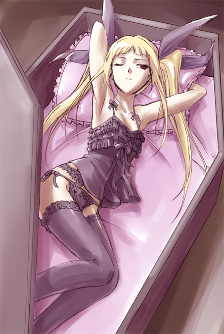 armpits arms_up black_panties blazblue blonde_hair box breasts camisole coffin frills garter_belt in_box in_container lingerie long_hair lying marumi one_eye_closed panties rachel_alucard red_eyes ribbon side-tie_panties small_breasts solo thighhighs twintails underwear