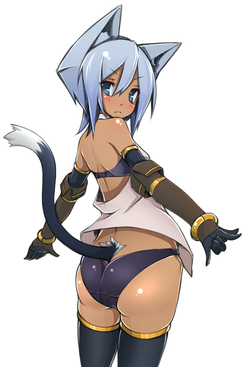 animal_ears ass bad_id bad_pixiv_id blue_eyes blue_hair cat_ears cat_tail elbow_gloves gloves highres original shokuen_shiwe solo tail thighhighs