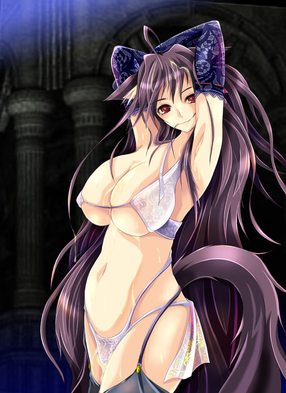 animal_ears armpits arms_up bare_shoulders black_hair breasts copyright_request curvy huge_breasts long_hair navel nekonta solo tail thighhighs very_long_hair