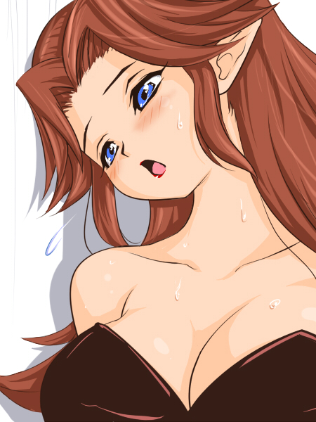 blue_eyes blush breasts brown_hair chenge-getter cleavage large_breasts lipstick long_hair makeup malon pointy_ears solo sweat the_legend_of_zelda the_legend_of_zelda:_ocarina_of_time
