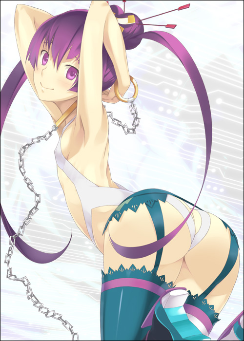 ar_tonelico ar_tonelico_iii armpits arms_up ass chain finnel flat_chest leaning_forward long_hair mizuki_makoto purple_eyes purple_hair smile solo thighhighs twintails