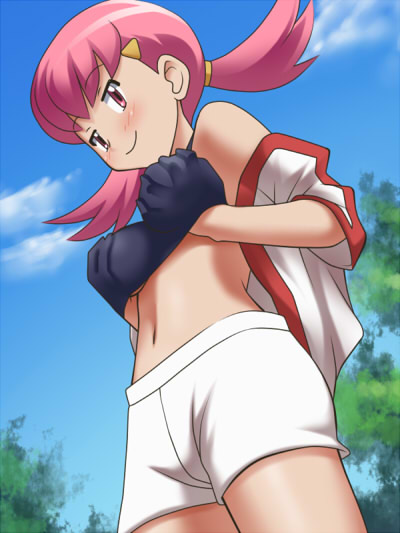 akane_(pokemon) awa bangs bare_shoulders black_bra blush bra breasts cloud cowboy_shot day flipped_hair from_below from_side gym_leader hair_ornament hand_under_clothes light_smile looking_at_viewer medium_breasts naughty_face navel off_shoulder open_clothes open_shirt outdoors pink_eyes pink_hair pokemon scrunchie self_fondle shirt short_hair short_sleeves short_twintails shorts sky smile solo tree twintails underwear
