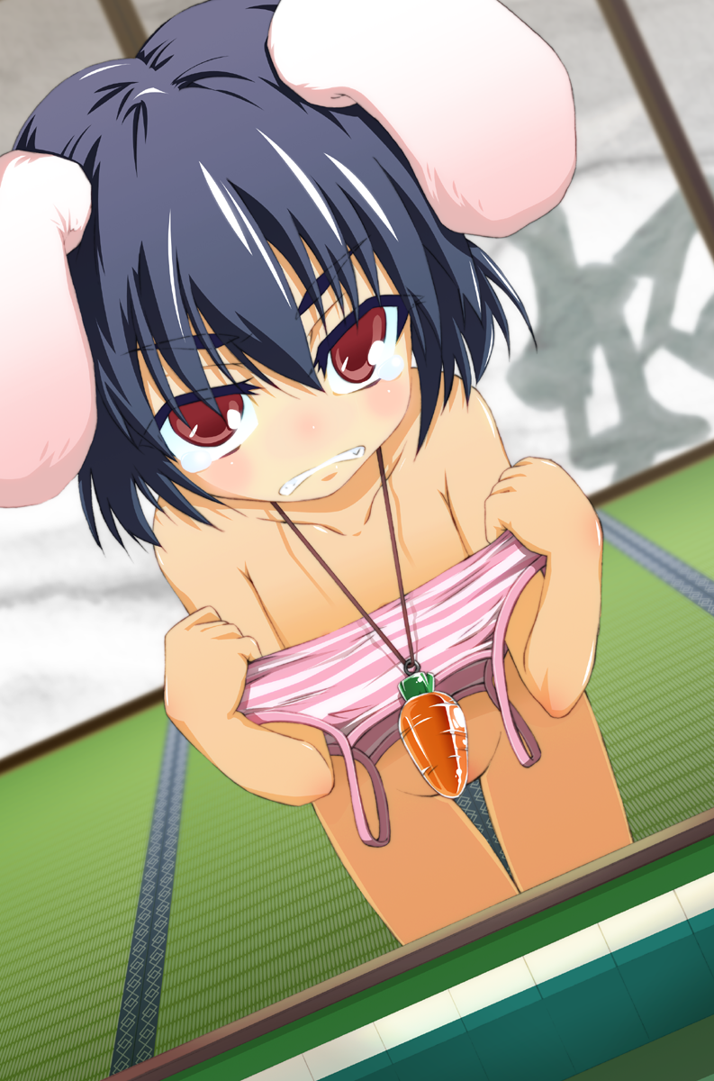 animal_ears bad_id bad_pixiv_id black_hair bra bunny_ears camisole censored collarbone convenient_censoring highres inaba_tewi jewelry konoe_yuba mahjong nude pendant pink_bra playing_games red_eyes short_hair solo strip_game strip_mahjong striped striped_bra tears touhou training_bra underwear undressing