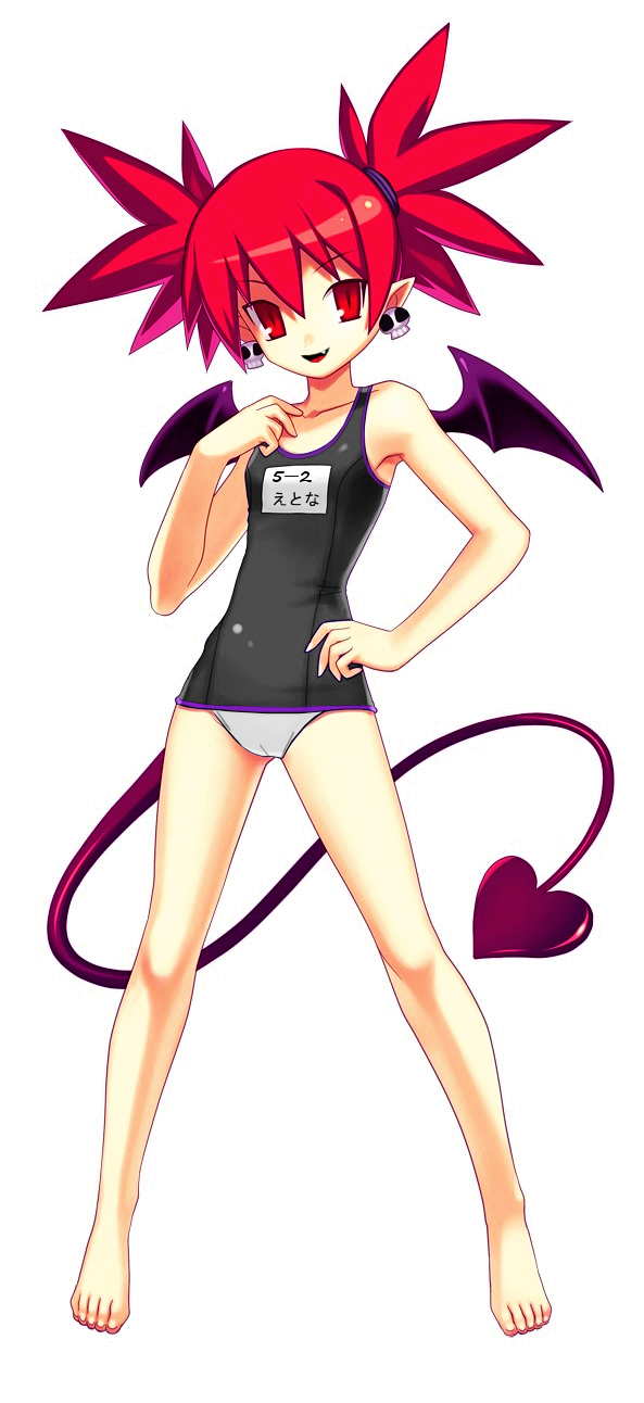 barefoot cameltoe disgaea edit etna fang fixed hand_on_hip highres hips photoshop red_eyes red_hair swimsuit