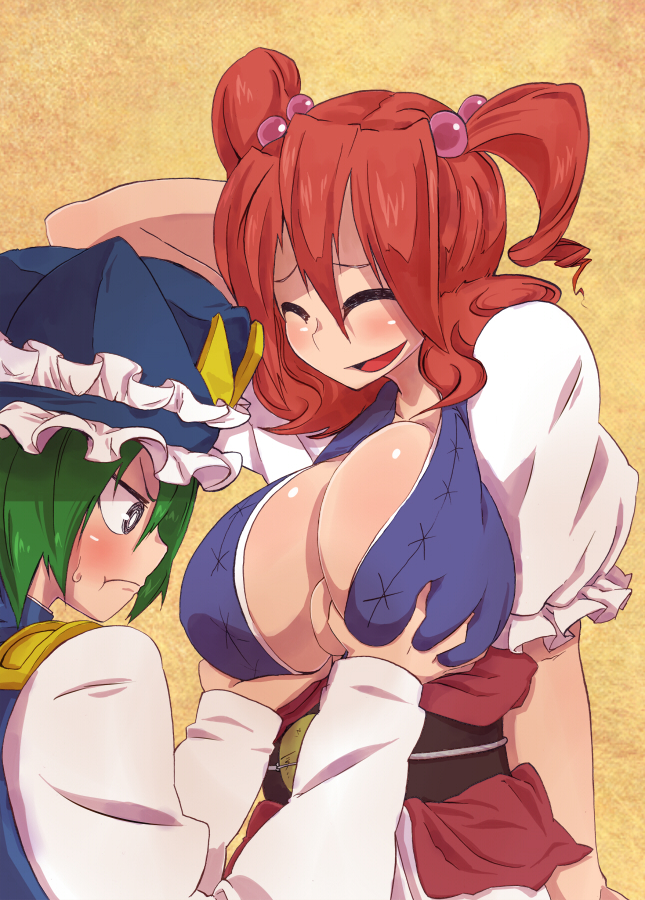 &gt;:( :t @_@ ^_^ arm_behind_head arm_up blush breast_envy breast_grab breasts buki56 center_opening cleavage closed_eyes deep_skin epaulettes frown grabbing green_hair hair_bobbles hair_ornament hat large_breasts long_sleeves looking_at_breasts multiple_girls nervous no_bra obi onozuka_komachi open_mouth orange_background pout red_hair sash shiki_eiki shiny shiny_skin shirt short_hair short_sleeves sleeveless sleeveless_shirt smile standing touhou two_side_up v-shaped_eyebrows