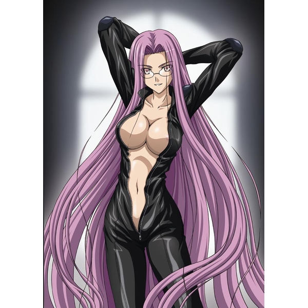 biker_clothes bikesuit breasts center_opening fate/stay_night fate_(series) glasses ishihara_megumi large_breasts long_hair navel no_bra non-web_source open_clothes perky_breasts purple_eyes purple_hair rider smile solo unzipped very_long_hair