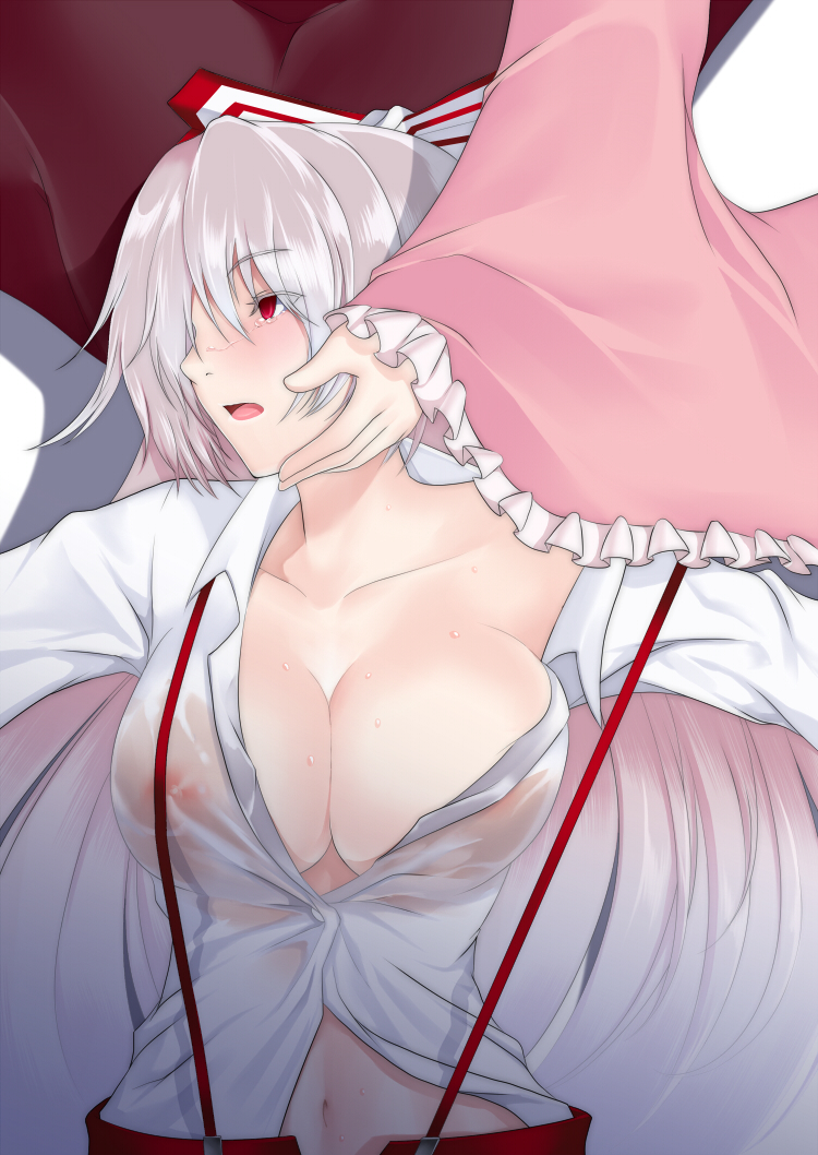 bad_id bad_pixiv_id blush breasts center_opening cleavage collarbone dress_shirt empty_eyes fujiwara_no_mokou hand_on_another's_cheek hand_on_another's_face houraisan_kaguya kupala large_breasts long_hair looking_away lying multiple_girls navel nipples off_shoulder on_back open_mouth outstretched_arms red_eyes see-through shirt straight_hair suspenders tears touhou unbuttoned unzipped very_long_hair wet wet_clothes white_hair wide_sleeves