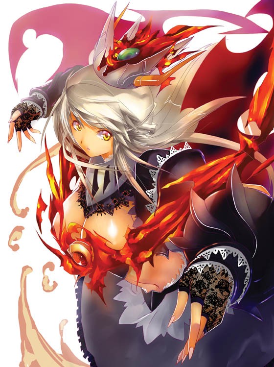 bad_id bad_pixiv_id breasts dress fingerless_gloves fire gloves ky lace large_breasts mazinkaiser mazinkaiser_(robot) midriff nail_polish navel personification silver_hair white_nails yellow_eyes
