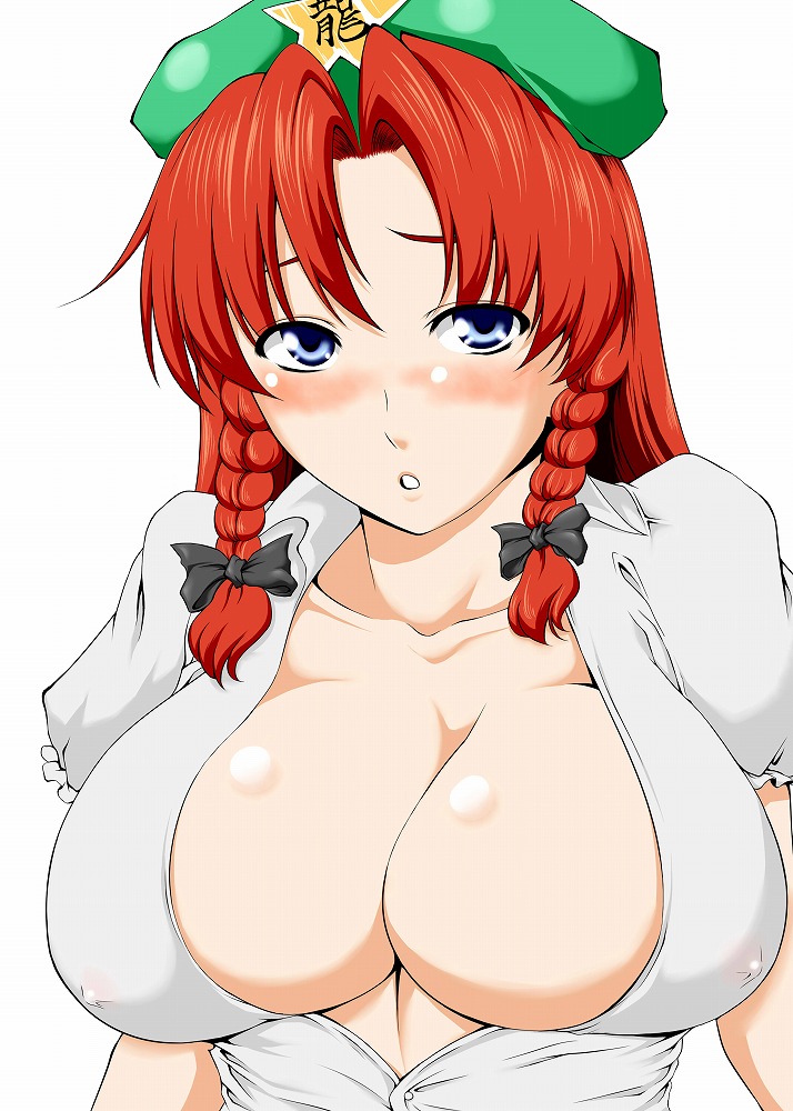 blush bow braid breasts cleavage hair_bow hong_meiling hotpants_(i'm_hot_yet!) large_breasts red_hair solo touhou twin_braids