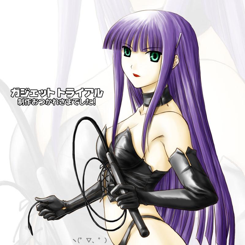 dominatrix leather mistress purple_hair translation_request whip