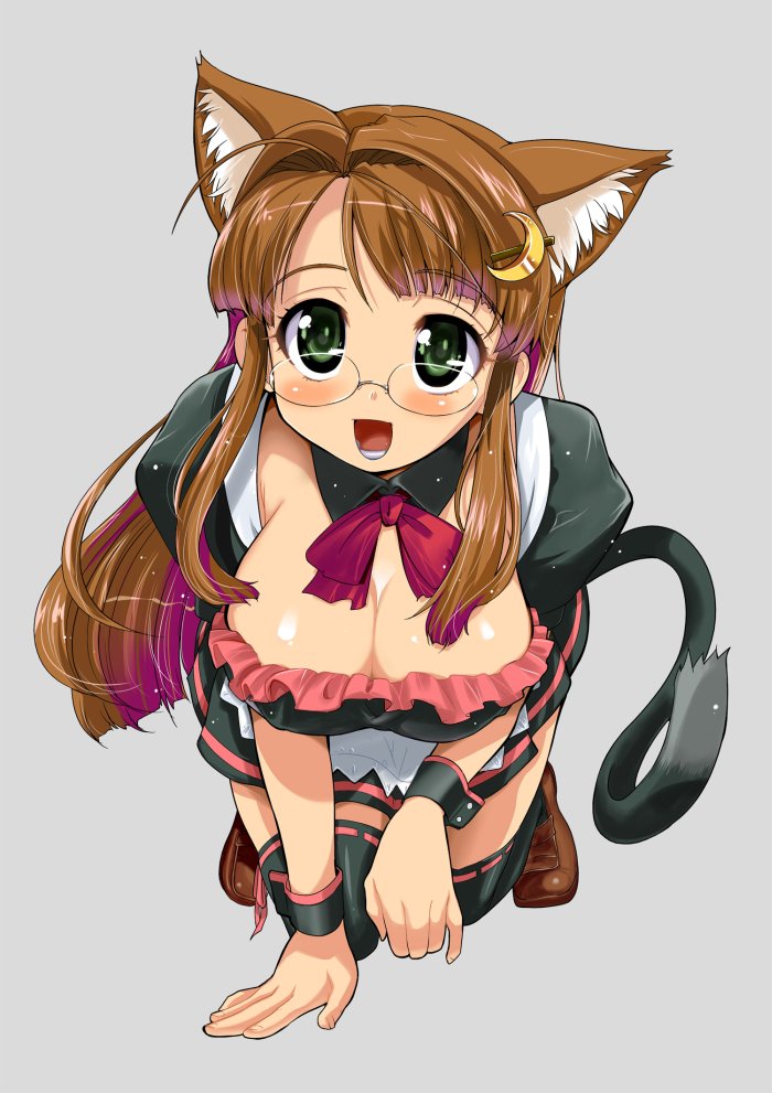 ahoge all_fours animal_ears black_legwear blush bow breasts brown_hair cat_ears cat_tail cleavage crescent crescent_hair_ornament full_body glasses green_eyes hair_ornament hairclip huge_breasts issho_ni_h_shiyo long_hair maid orimoto_mimana paw_pose shoes simple_background solo tail thighhighs tsuji_suzuran very_long_hair wrist_cuffs
