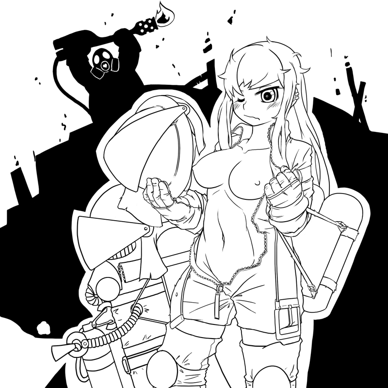 artist_request breasts flamethrower gas_mask greyscale jumpsuit large_breasts long_hair monochrome nipples no_panties one_eye_closed solo team_fortress_2 the_pyro undressing weapon