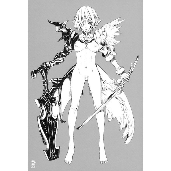 angel angel_and_devil angel_wings armor bottomless breasts demon demon_wings dual_wielding facial_mark greyscale hair_over_one_eye holding large_breasts legs long_legs monochrome nagi_ryou navel nipples no_bra pointy_ears pubic_hair s.e.c_02_monochrome_edition short_hair skinny solo sword weapon wings