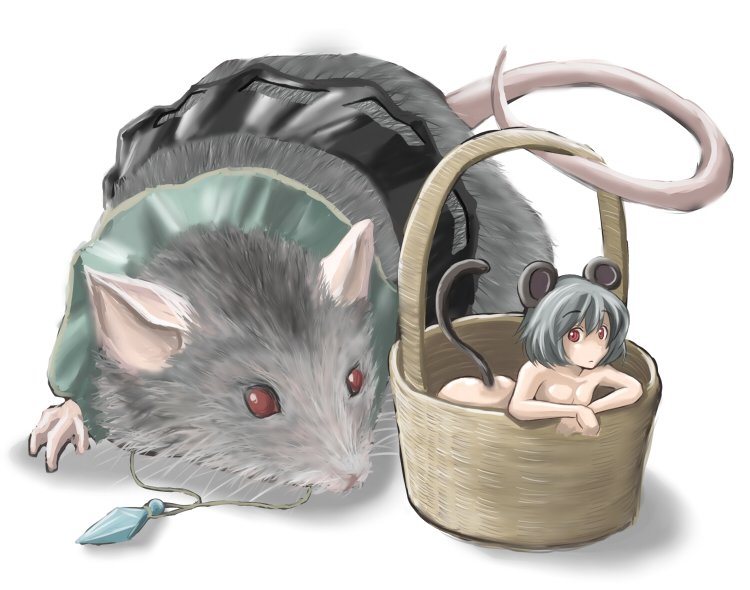 animal_ears ao_usagi basket grey_hair jewelry minigirl mouse mouse_ears mouse_tail nazrin nude pendant red_eyes role_reversal short_hair tail touhou