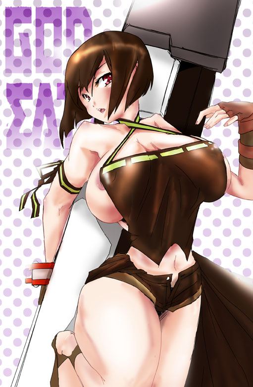 areolae bad_id bad_pixiv_id breasts brown_hair curvy fingerless_gloves gloves god_eater god_eater_burst huge_breasts muscle navel open_mouth red_eyes robotdaisuki short_hair solo tachibana_sakuya_(god_eater)