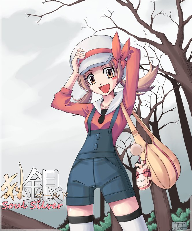 2010 bad_id bad_pixiv_id brown_hair copyright_name hat hat_ribbon kotone_(pokemon) overalls pokegear pokemon pokemon_(game) pokemon_hgss pose ranshao red_ribbon ribbon short_twintails solo thighhighs twintails