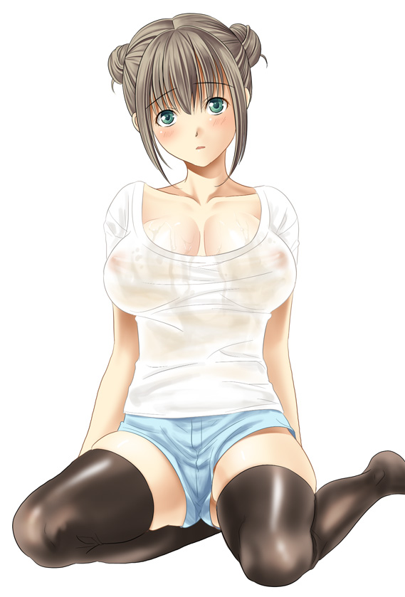 blush breasts brown_hair cleavage green_eyes large_breasts maki_aida_factor original see-through short_hair shorts sitting solo thighhighs wet wet_clothes