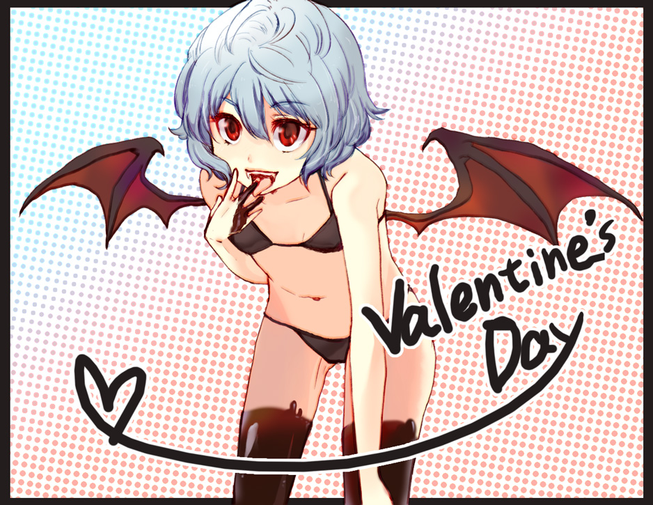 bad_id bad_pixiv_id bat_wings bikini blue_hair chocolate chocolate_clothes fangs finger_licking flat_chest food_as_clothes hands leaning_forward licking red_eyes remilia_scarlet short_hair solo swimsuit thighhighs touhou valentine wings yuki_(popopo)
