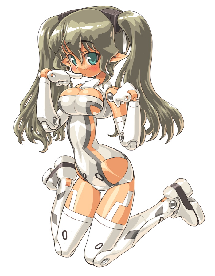 alternate_costume alternate_eye_color alternate_hair_color aqua_eyes bad_id bad_pixiv_id bangs bare_shoulders blush boots breasts busou_shinki cleavage cleavage_cutout dd_(ijigendd) doll_joints elbow_gloves finger_to_mouth from_side full_body gloves grey_hair hair_between_eyes kneeling large_breasts leotard long_hair looking_at_viewer pointy_ears side_cutout simple_background slender_waist solo thigh_boots thigh_gap thighhighs twintails underboob underboob_cutout valona wavy_hair white_background white_footwear white_gloves white_legwear