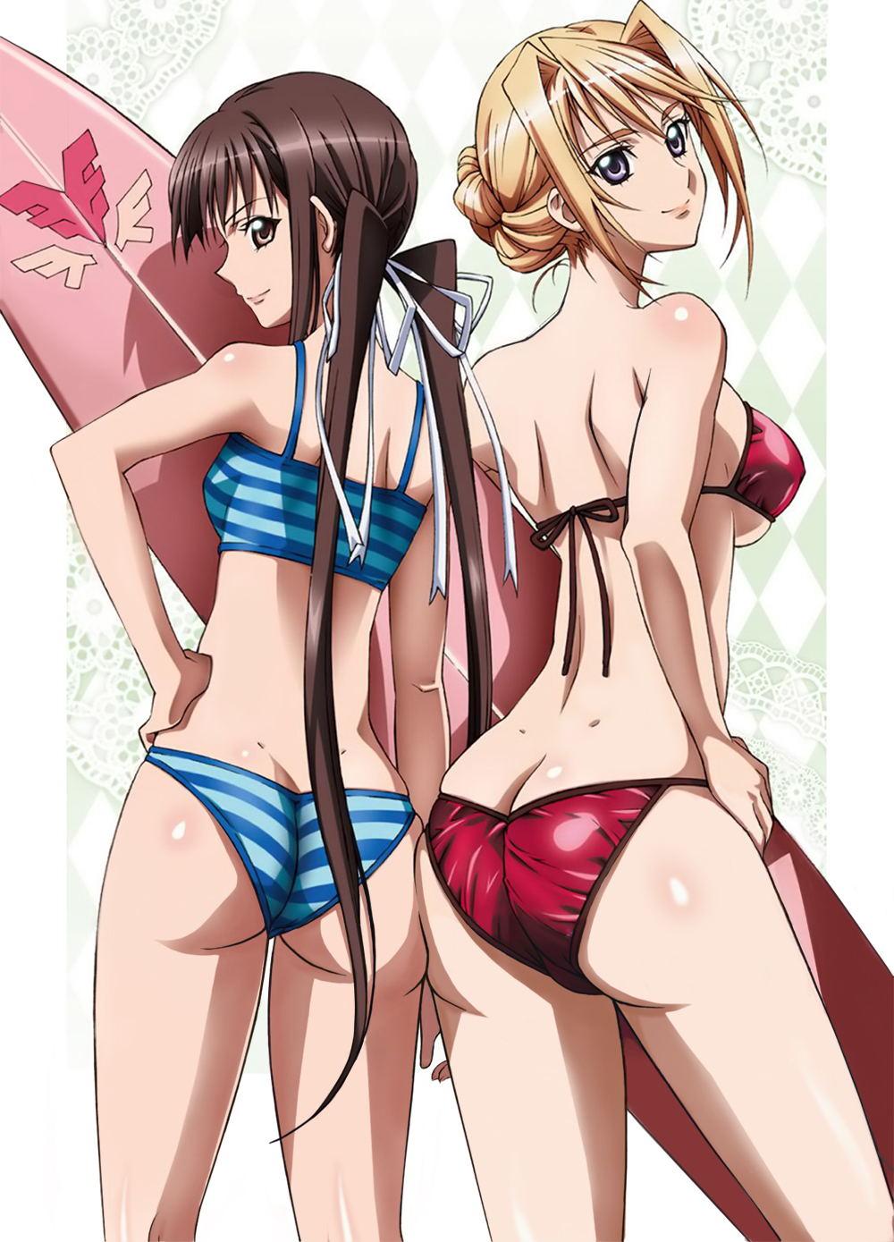 artist_request ass back bangs bikini blonde_hair blue_bikini body_blush breasts brown_eyes brown_hair butt_crack checkered checkered_background cowboy_shot diamond_(shape) dimples_of_venus from_behind from_side hair_bun hair_intakes hair_ribbon hand_on_hip head_tilt highres houjouin_seika kneepits lace lace_background large_breasts light_smile long_hair looking_at_viewer looking_back low_twintails multiple_girls official_art princess_lover profile purple_eyes red_bikini ribbon scan shadow short_hair sideboob sidelocks silvia_van_hossen small_breasts smile standing striped striped_bikini striped_swimsuit surfboard swimsuit tankini twintails underboob very_long_hair