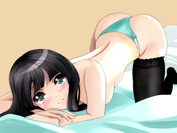 akiyama_mio ass bad_id bad_pixiv_id bed black_eyes black_hair black_legwear blue_panties blush itohiki k-on! lace lace-trimmed_thighhighs long_hair panties solo thighhighs thong top-down_bottom-up topless underwear underwear_only