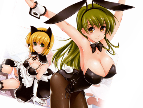 2girls animal_ears armpits arms_up blonde_hair blush bow bow_panties bowtie breasts bunny_ears bunny_tail bunnysuit cat_ears cat_tail cleavage elbow_gloves gloves green_eyes green_hair hairband kamino_ryuuya large_breasts leaning_forward long_hair lowres maid multiple_girls outstretched_arms panties panty_pull pantyhose pink_panties shiny shiny_clothes short_hair sitting smile spread_arms tail thighhighs underwear wrist_cuffs yellow_eyes