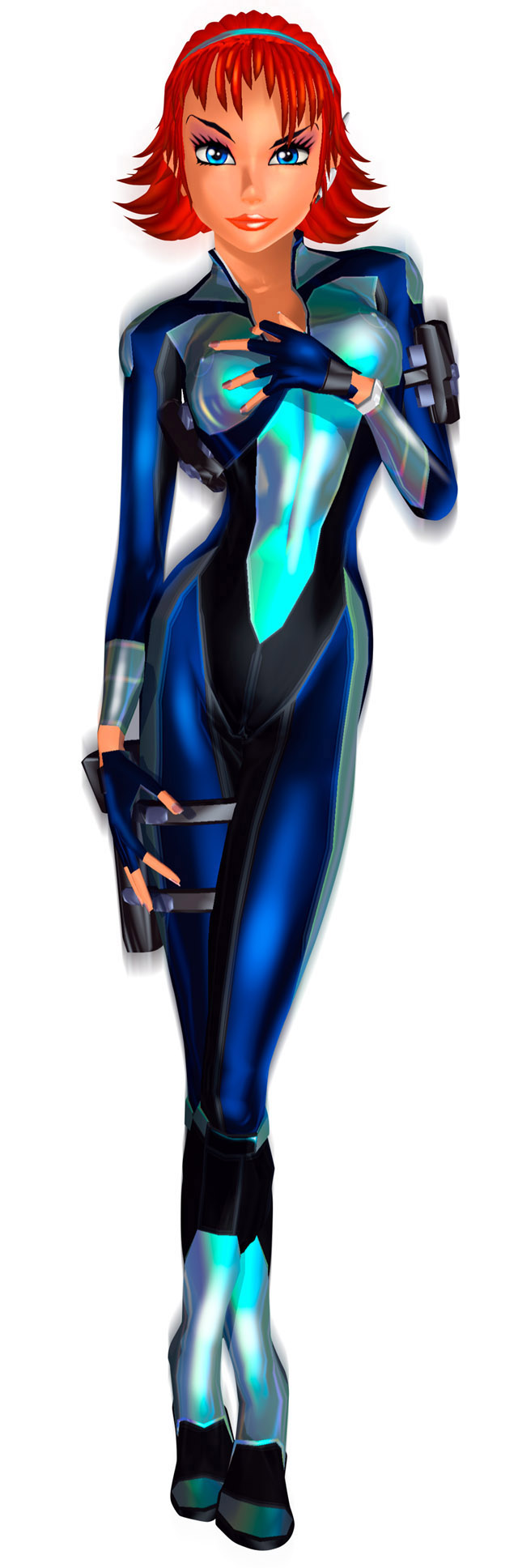 3d blue_eyes bodysuit breast_grab cameltoe cleavage_cutout erect_nipples fingerless_gloves gloves hairband headset holster joanna_dark lipstick looking_at_viewer microsoft nail_polish official_art perfect_dark rareware red_hair satchel shiny short_hair simple_background skin_tight smile solo spy_girl standing