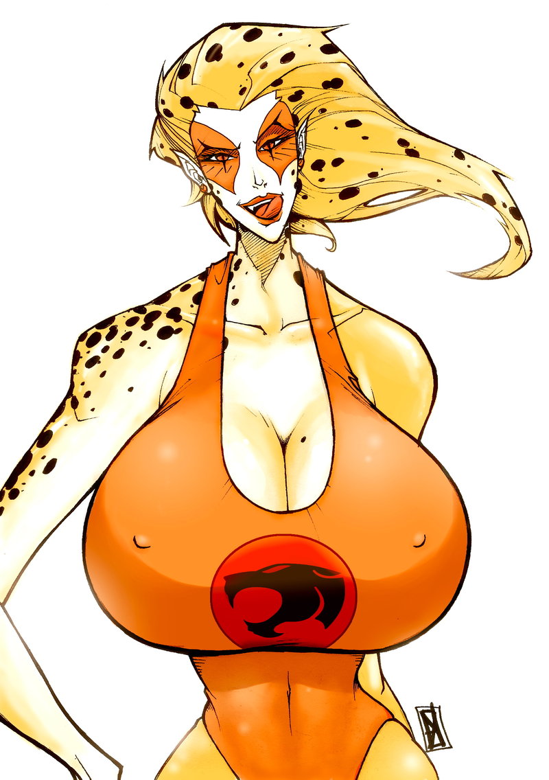 blonde_hair breasts cheetara female hexamous huge_breasts large_breasts lipstick nipples open_mouth plain_background pointy_ears red_eyes smile solo swimsuit thundercats tongue tongue_out white_background