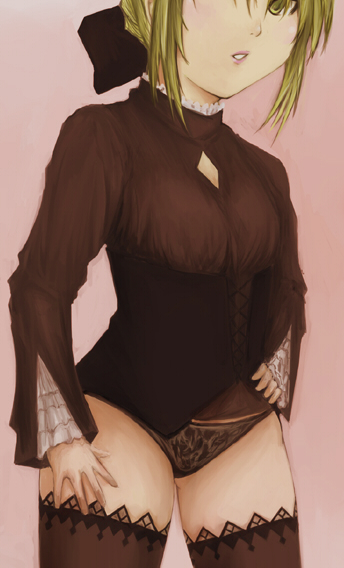 artoria_pendragon_(all) bad_proportions bottomless error fate/stay_night fate_(series) hand_on_hip panties saber saber_alter solo thighhighs underwear