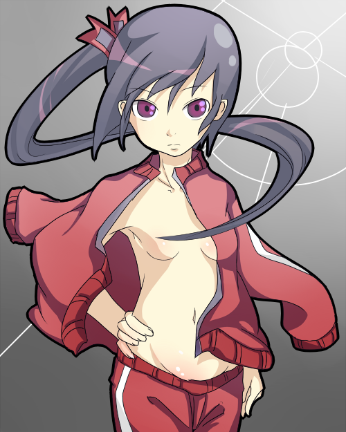 black_hair breasts copyright_request gym_uniform long_hair no_nipples open_clothes open_shirt ponytail purple_eyes shirt small_breasts solo tsukusun