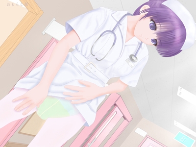 1girl diaper dutch_angle hospital indoors lowres nurse peeing peeing_self purple_hair solo wetting