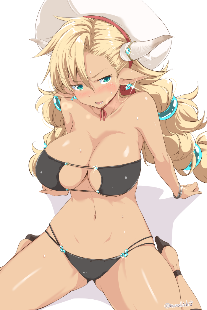 1girl almeida_(granblue_fantasy) arm_support bangs bare_shoulders blonde_hair blush breasts cleavage dark_skin draph eyepatch_bikini granblue_fantasy hair_ornament hat high_heels horns kichihachi large_breasts leaning_forward long_hair looking_at_viewer navel open_mouth pointy_ears shadow shiny shiny_skin simple_background solo sweat twintails very_long_hair white_background white_hat