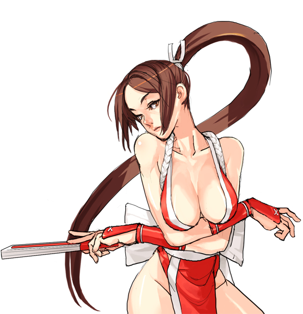 breasts brown_eyes brown_hair cleavage crossed_arms fatal_fury large_breasts long_hair pelvic_curtain ponytail revealing_clothes shiranui_mai takoyaki_neko-san the_king_of_fighters