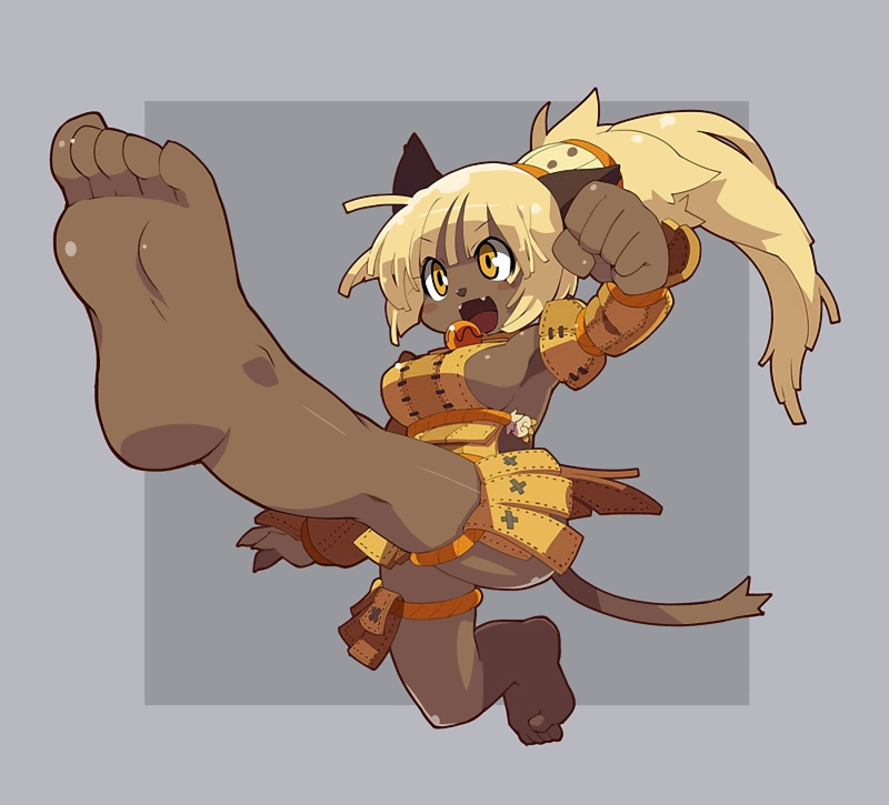 animal_ears barefoot blonde_hair breasts cat_ears clenched_hand dark_skin ecaflip fangs feet foreshortening kicking large_breasts long_hair open_mouth ponytail pov_feet sideboob soles solo tail wakfu yellow_eyes zankuro