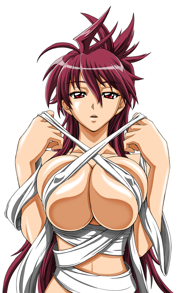 aizumi_kikko bakunetsu_sentouki breast_squeeze breasts cleavage covered_nipples kaise_sousuke large_breasts long_hair naked_ribbon nude open_mouth pink_hair red_eyes ribbon solo very_long_hair wrapped_up