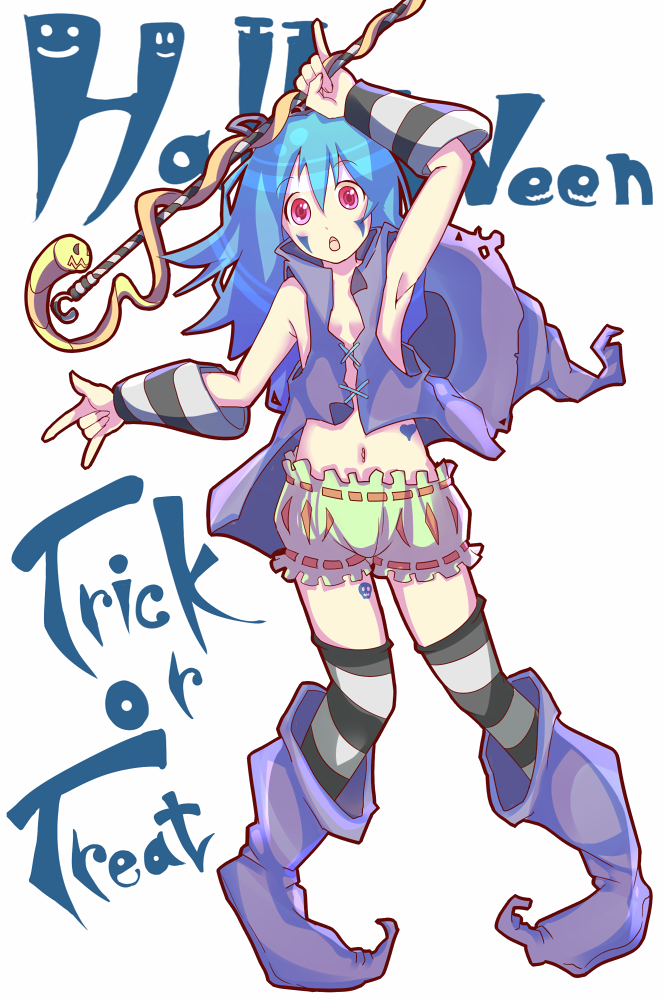blue_hair copyright_request detached_sleeves facial_mark halloween hat long_hair pointy_shoes red_eyes shoes snake solo staff striped striped_legwear tattoo thighhighs trick_or_treat tsukusun white_background witch_hat