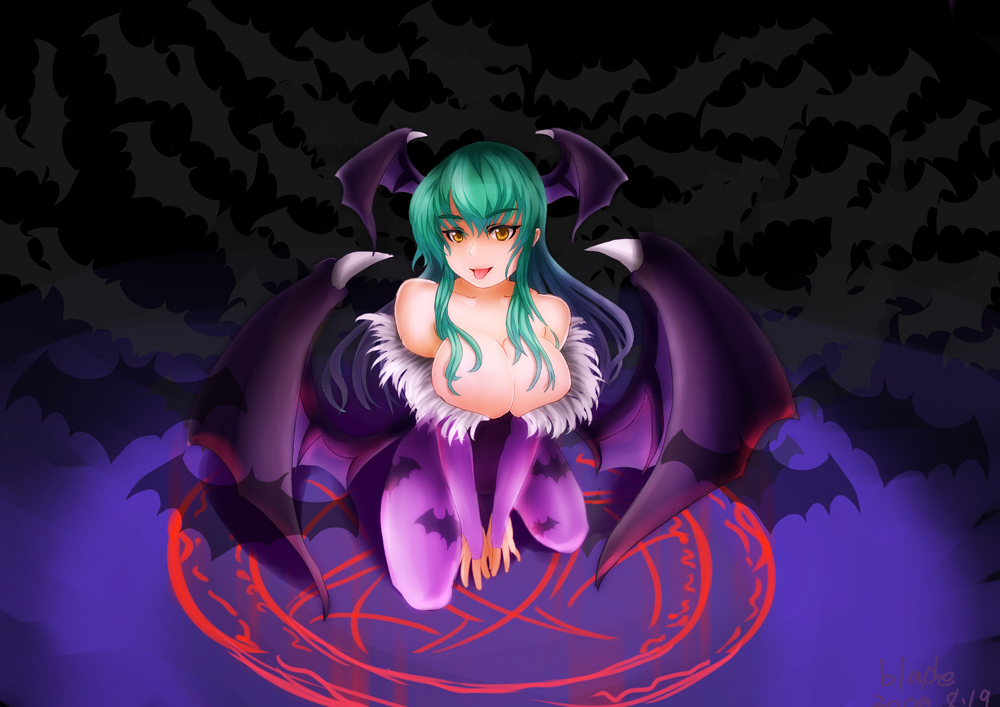 animal_print bat_print breasts demon_girl green_hair head_wings large_breasts leotard long_hair magic_circle morrigan_aensland pantyhose print_legwear qblade solo succubus tongue vampire_(game) wings yellow_eyes