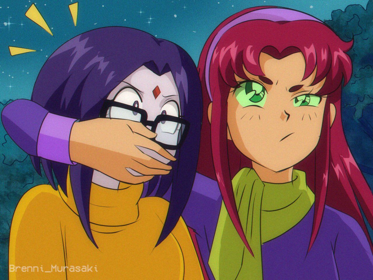 1990s_(style) 2girls animification brenni_murasaki clip_studio_paint_(medium) closed_mouth colored_sclera cosplay covering_another's_mouth daphne_ann_blake daphne_ann_blake_(cosplay) dc_comics forest glasses green_eyes green_scarf green_sclera hairband multiple_girls nature night night_sky outdoors purple_hair purple_hairband raven_(dc) red_hair retro_artstyle scarf scooby-doo sky star_(sky) starfire starry_sky sweater teen_titans uneven_eyes upper_body velma_dace_dinkley velma_dace_dinkley_(cosplay) yellow_sweater