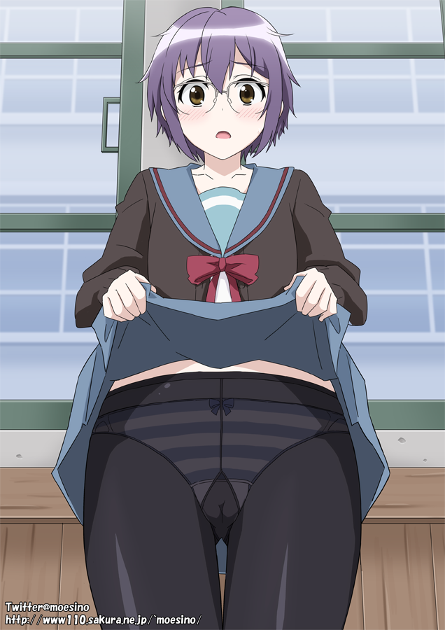 1girl artist_name bangs black_pantyhose blue_sailor_collar blue_skirt blush bow brown_cardigan brown_eyes cardigan clothes_lift collarbone commentary_request cowboy_shot glasses gusset indoors kita_high_school_uniform lifted_by_self long_sleeves looking_at_viewer moeshino nagato_yuki nagato_yuki-chan_no_shoushitsu official_style open_cardigan open_clothes open_mouth panties pantyhose purple_hair red_bow red_ribbon ribbon sailor_collar school_uniform serafuku short_hair skirt skirt_lift solo standing striped striped_panties suzumiya_haruhi_no_shoushitsu suzumiya_haruhi_no_yuuutsu twitter_username underwear watermark web_address window winter_uniform