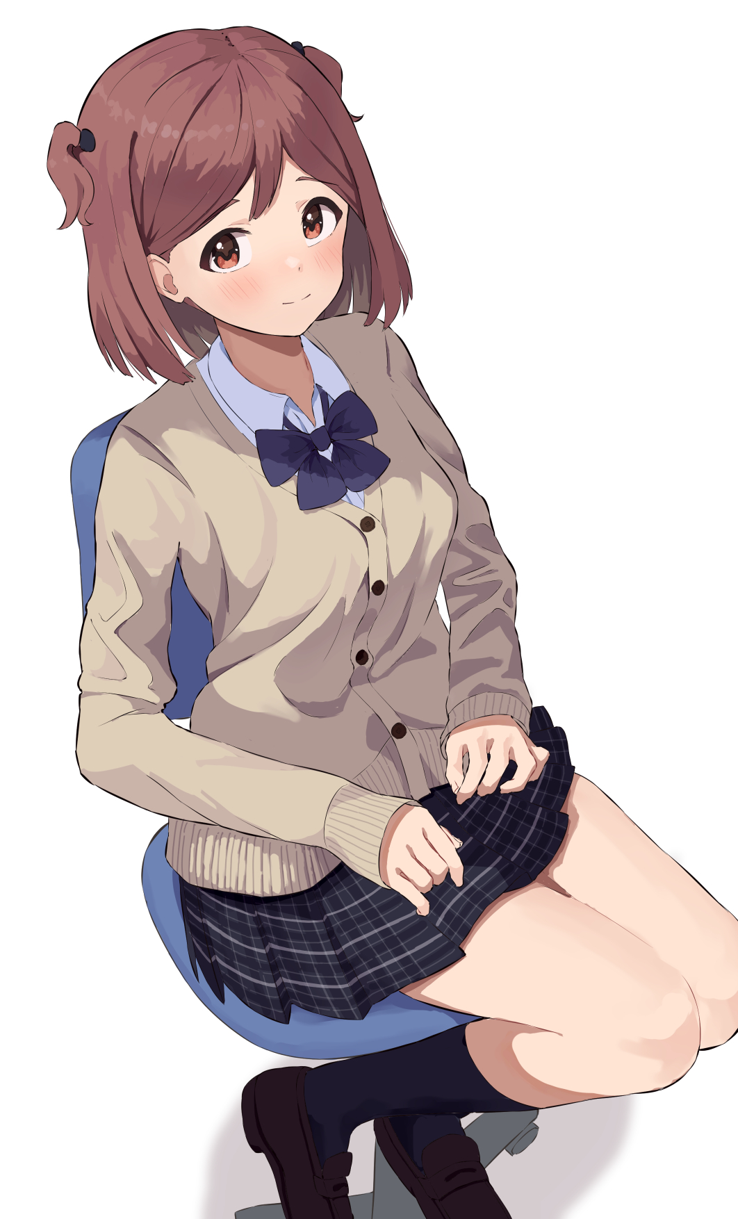 1girl aoba_misaki black_socks blush bow bowtie breasts brown_cardigan brown_hair cardigan ebifu full_body highres idolmaster idolmaster_million_live! looking_at_viewer on_chair plaid plaid_skirt pleated_skirt school_uniform simple_background sitting skirt small_breasts smile socks solo two_side_up white_background
