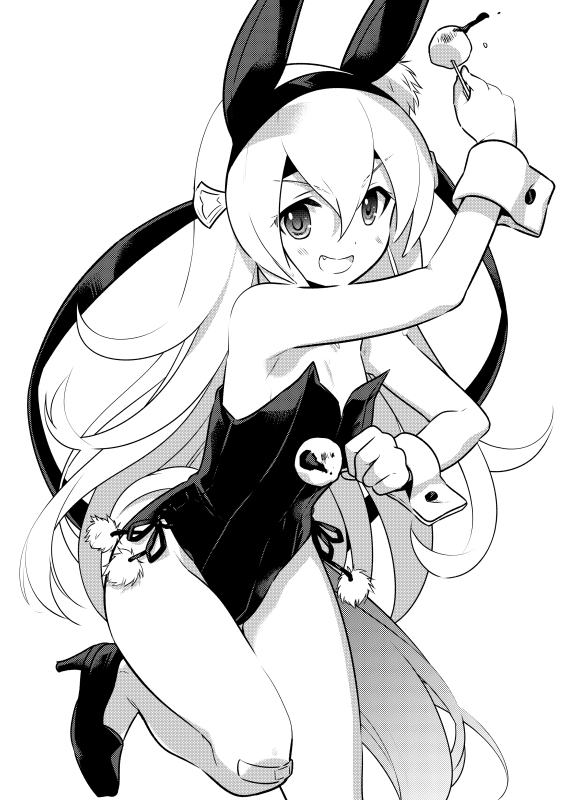 1girl alternate_costume animal_ears bandaid bandaid_on_knee bandaid_on_leg bangs bare_shoulders breasts fang food greyscale groin hairband headband high_heels horse_ears horse_girl horse_tail leotard long_hair looking_at_viewer monochrome odawara_hakone open_mouth small_breasts smile solo standing standing_on_one_leg tail takoyaki tamamo_cross_(umamusume) toothpick umamusume v-shaped_eyebrows wrist_cuffs